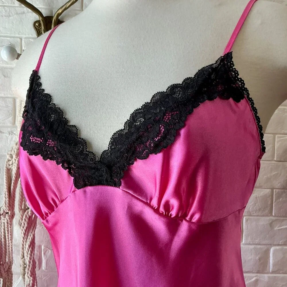 Vintage Linea Donatella Hot Pink Black Lace Satin Mini Slip Dress - Picture 3 of 11
